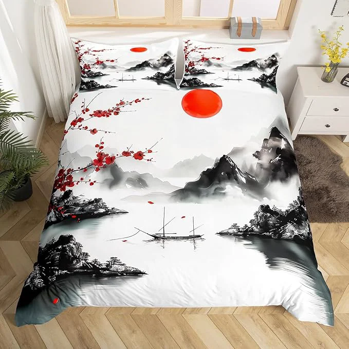 Flexible Feelyou Japanese Ukiyoe Theme Bedding Set Full Size Cherry Blossom Duvet Cover for Adult Kids Boys Girls Watercolor Comforter Cover Set Natural Landscape Bedspread Cover 3Pcs Zipper Smart