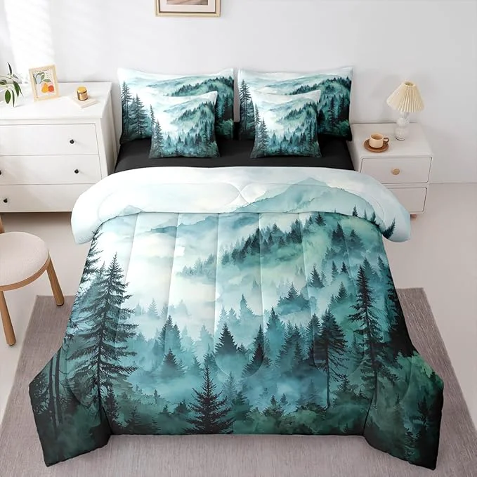 Specialty Erosebridal Green Teal Misty Forest Full Comforter Set with Sheets 7 Piece Mountain Foggy Woodland Bed in A Bag Rustic Pine Tree Bedding Sets for Kids Adults Watercolor Nature Theme Bed Set Fast