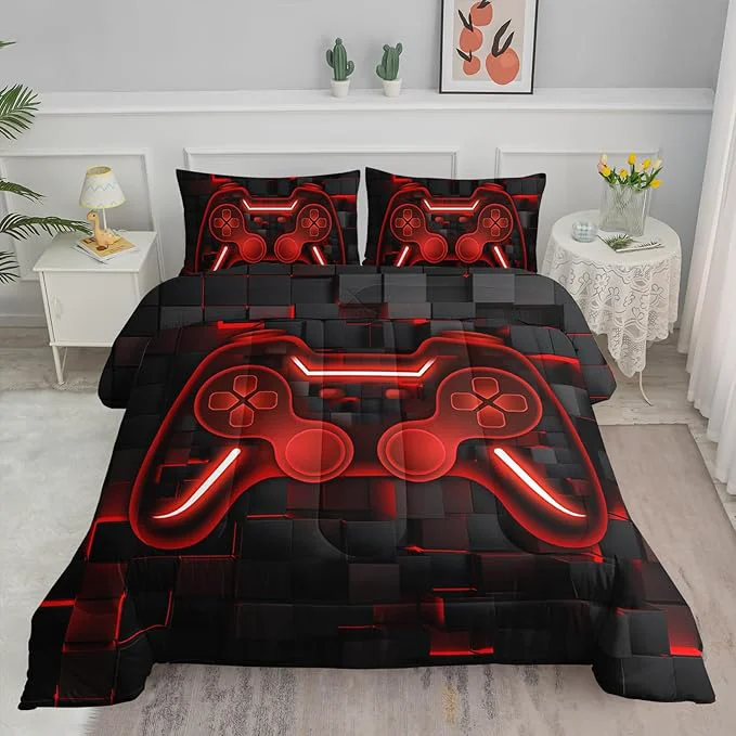 Refined Axolotl Gamepad Comforter Set Queen Size Red Grid Print Bedding Set Boys Gaming Console Comforter Set Video Gaming Controller Bedding Set for Teens Men Adults 1 Quilt 2 Pillowcases Red Black Specialty