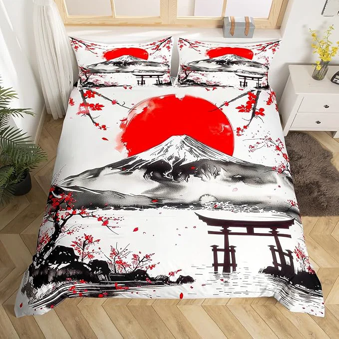 Original Design Feelyou Japanese Theme Bedding Set Queen Size Fujiyama Duvet Cover for Adult Kids Boys Girls Cherry Blossom Comforter Cover Set Natural Landscape Bedspread Cover 3Pcs Zipper First-Class