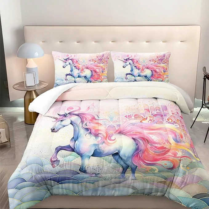 Solid Pink Fantasy Unicorn Comforter Set Full Rainbow Scales Unicorn 3pcs Bedding Set for Girls Boys Kids Cartoon Down Soft Lightweight Comforter with 2 Pillowcases All Season Elegant
