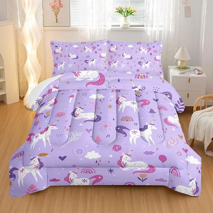 Safe Unicorn 3 Piece Bedding Set King Size-Purple 3 Pieces Bedding Set for Kids Unicorn Girls Comforter Set Rainbow Clouds Star Quilt Set 1 Comforter 2 Pillowcase All Seasons Superior
