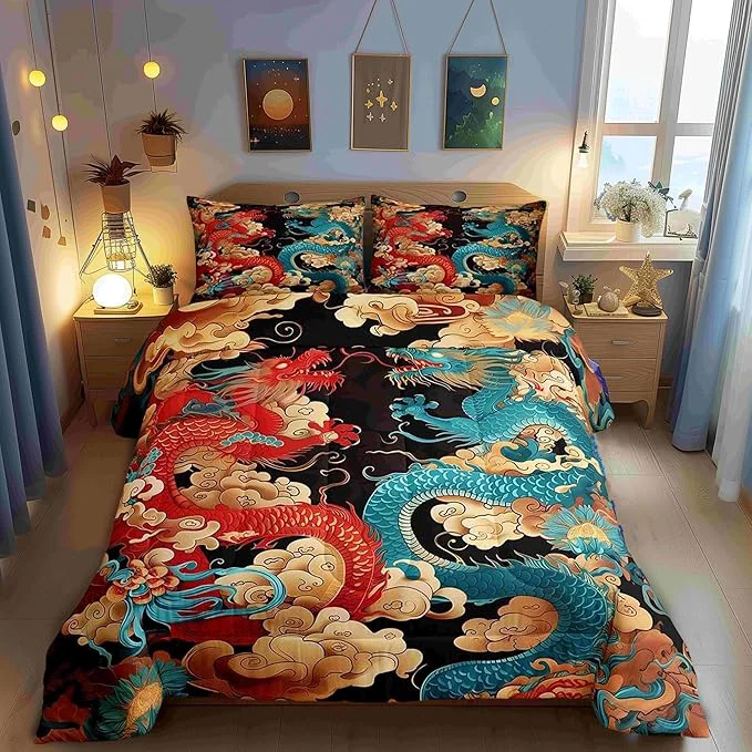 Sophisticated Chinese Loong Comforter Set Toddler Size Propitious Cloud Bedding Set for Kids Teens Dragon Exotic Chinese Style Down Comforter 2 Pcs 1 Pillowcase Secure
