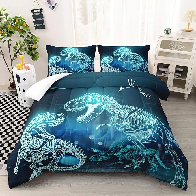 Pure Dinosaur Comforter Set for Teens Boys Girls Dino Eyes 3 Pieces Bedding Set Queen Dark Blue Lightweight Down Bedding Sets for All Season Exclusive