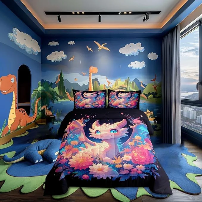 Sustainable Castle Fairy Cute Wildlife Western Animals Comforter Set with 2 Pillowcases Watercolor Flower Super Soft Microfiber Bedding Set for Adults Teens Dragon Duvet Set for Room Decor King World-Class