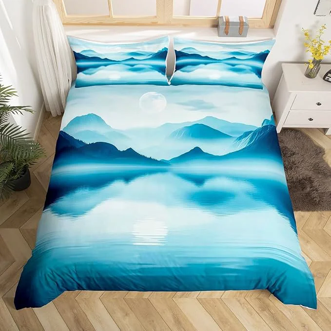 Stylish Feelyou Smoky Mountain Bedding Set Toddle Size Foggy Scenic Duvet Cover for Adult Kids Boys Girls Teal Blue Comforter Cover Set Natural Landscape Bedspread Cover 2Pcs Zipper Elite