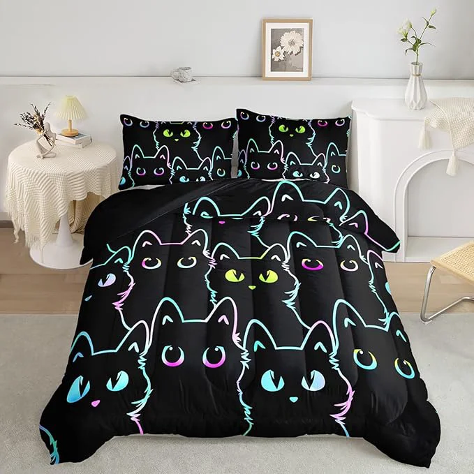 Practical Axolotl Kids Bedding Cartoon Cat Comforter Set Full Size Gradient Line Cute Cat Bedding Set for Teens Kids Boys Girls Adults Room Decor All Season 1 Comforter 2 Pillow Cases Black Enhanced