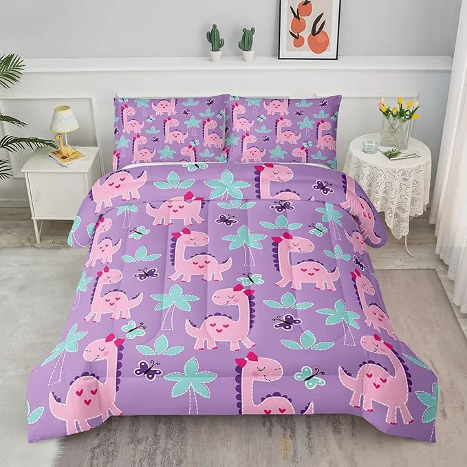 Prestigious Axolotl Cute Dinosaur Comforter Set Twin Size Girls Bedding Cartoon Dinosaur Bedding Set for Girls Teens Kids Boys Adults Room Decor Kids Comforter Set All Season 1 Quilt 2 Pillow Cases Purple Healthy
