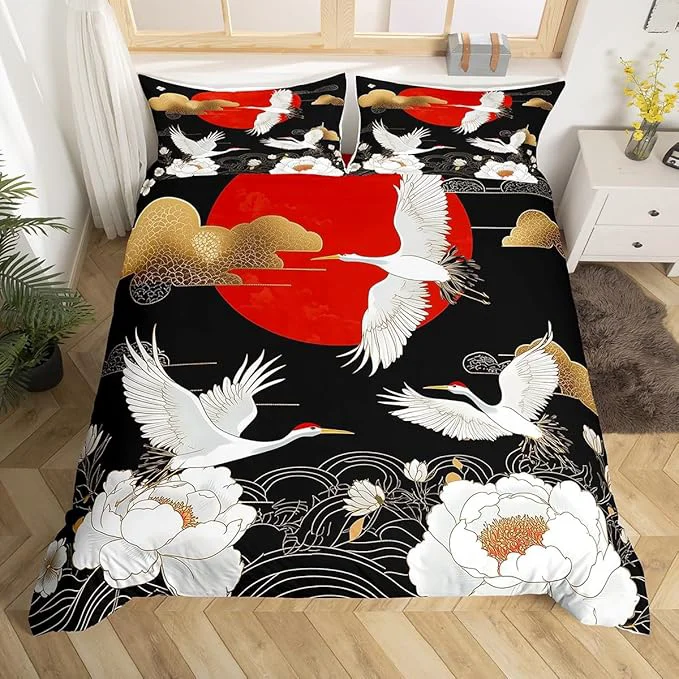 Long-Lasting Feelyou Japanese Crane Bedding Set Toddle Size Black Gold Ukiyoe Theme Duvet Cover for Adult Kids Boys Girls Asian Anime Comforter Cover Set Wild Animal Bedspread Cover 2Pcs Zipper Luxury