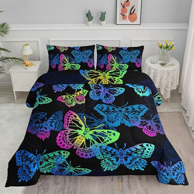 Top-Quality Axolotl Colorful Butterflies Bedding Set Queen Size Kids Bed Set Gradient Butterfly Comforter Set 1 Quilt with 2 Pillowcases for Boys Girls Kids Teens Children Adults Room Decor All Season Black Selected