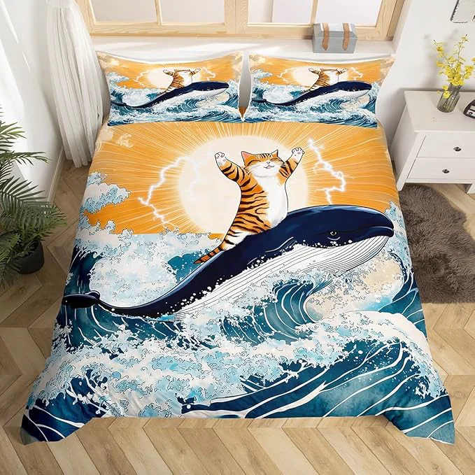 Expertly Made Feelyou Cute Cat Whale Bedding Set King Size Japanese Ukiyoe Theme Duvet Cover for Adult Kids Boys Girls Cartoon Anime Comforter Cover Set Navy Blue Bedspread Cover 3Pcs Zipper Artisan