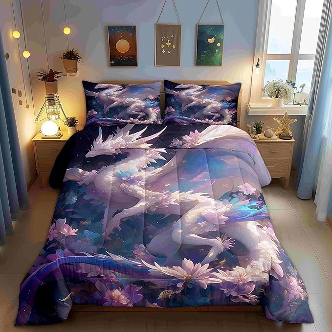Convenient Dragon Comforter Set Dreamy Cartoon Animals Bedding Set for Kids Teens Watercolor Flowers Quilt Set Duvet Insert 2 Pcs with 1 Pillowcase Toddler Quality