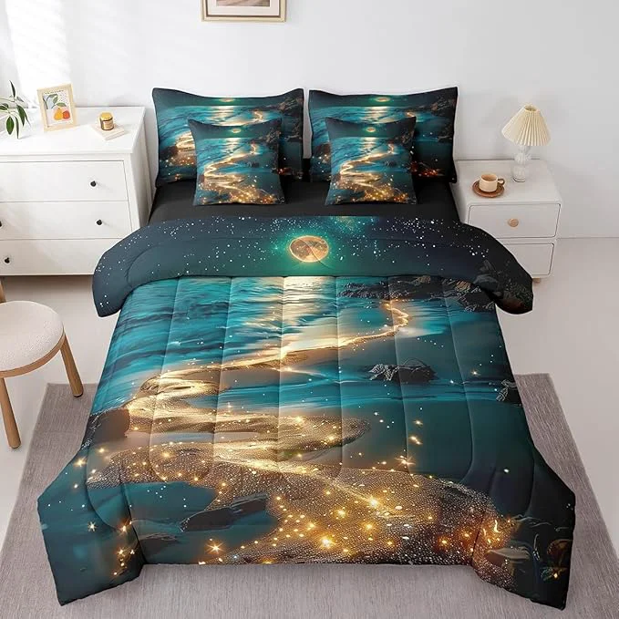 Professional Feelyou Moonlight Beach Comforter Set 7 Pieces King Size Seaside Moon Bedding Set for Boys Girls Ocean Bed in a Bag with Comforter Sheets Pillowcases amp Cushion Covers Authentic