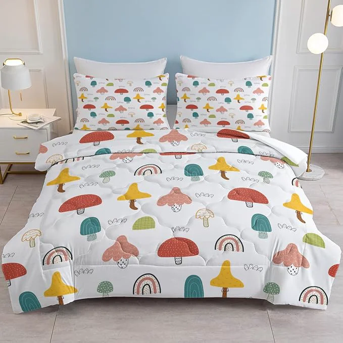 Durable SOULZZZ Girls Rainbow Mushroom Comforter Colorful Trippy Cartoon Mushroom Bed Set Twin Size for Kids Boys Teens Wild Garden Plant Rainbow Kawaii Bedding Set with 2 Pillowcases Quality