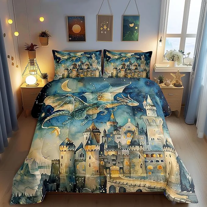 Authentic Cartoon Dragon King Size Comforter Set Kids Watercolor Castle Decor All Season Bedding Set Teens Dreamy Starry Sky Comforter Fairy Tale Theme Decor Quilt Set Bedroom Collection 3Pcs Selected