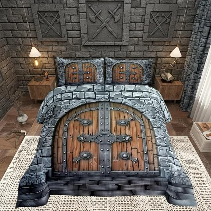 Sustainable Castle Walls Bedding Set for Boys Girls Knight Wall All Season Cozy Comforter Set with 2 Pillowcases Full Medieval Themed Duvet Set Bedroom Decor Festival Gifts Relaxed