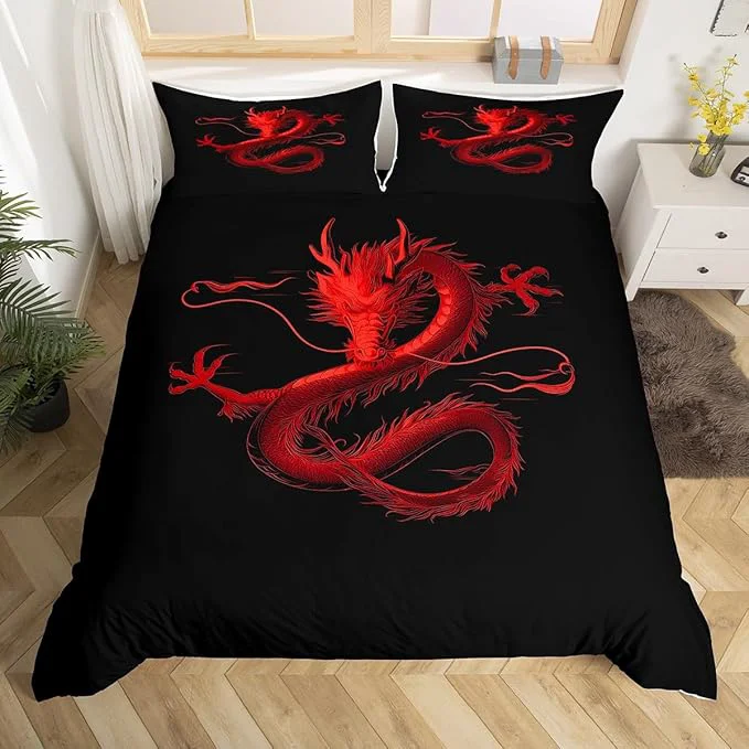 User-Friendly Feelyou Dragon Monster Bedding Set Queen Size Red Dragon Duvet Cover for Adult Kids Boys Girls Classical Monster Comforter Cover Set Black Red Cool Bedspread Cover 3Pcs Zipper Official