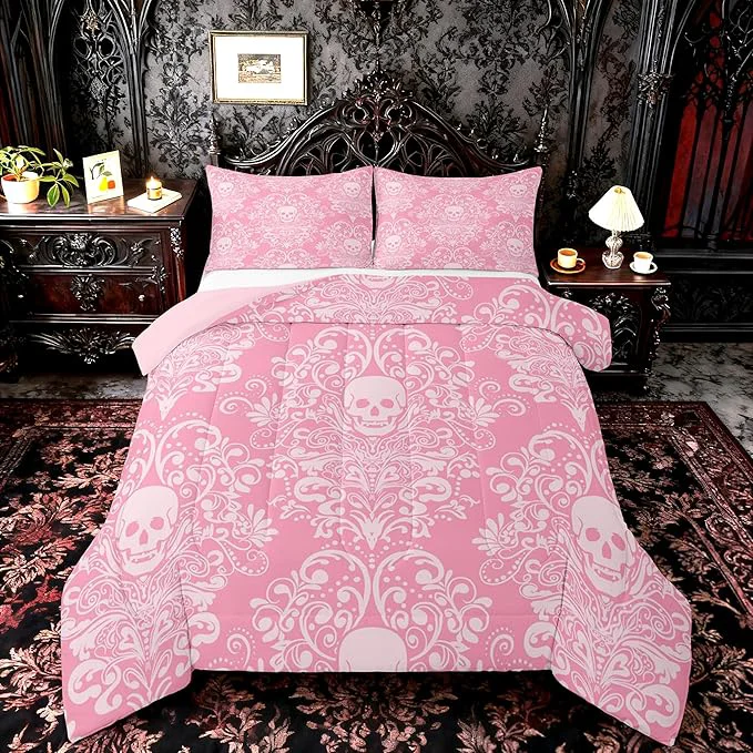 Classic Feelyou Adults Gothic Skull Bedding Set Full Size Kids Damask Print Comforter Goth Bohemian Duvet Breathable Soft Lightweight Microfiber Pink White Room Decor with 2 Pillowcases