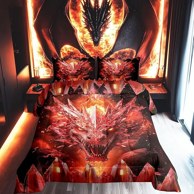 Sophisticated Castle Fairy Dragon Comforter Set Toddler Size Flames Dragon Bedding Set for Kids Teens Western Fierce Animals Down Comforter 2 Pcs 1 Pillowcase Durable
