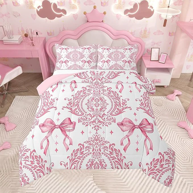 Unique Feelyou Girls Pink Bowknot Comforter Set Full Size Gothic Damask Comforter Victorian-Themed Bedding Set Baroque Duvet Set Vintage Floral Quilt Set 3Pcs Eco-Friendly