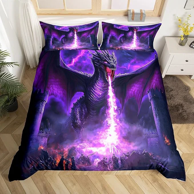Versatile Feelyou Cool Dragon Bedding Set Full Size Kids Lightning Comforter Cover Set 3D Dragon War Mythology Themed Ancient Wildlife Fire Duvet Cover Nebula Bedspread Cover Room Decor Quilt Cover No Comforter Functional