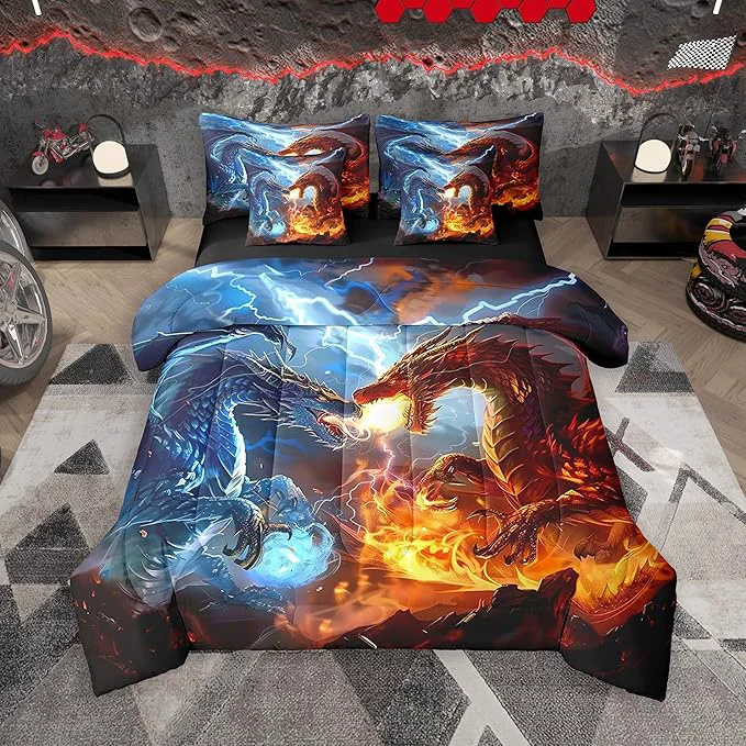 Modern Feelyou Medieval Dragon Comforter Set 7 Pieces Twin Size Lightning Fire Pattern Bedding Set for Boys Girls Ancient Wildlife Bed in a Bag with Comforter Sheets Pillowcases amp Cushion Covers Eco-Friendly