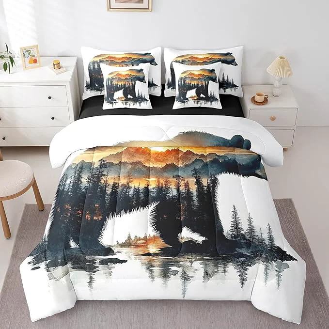 Green Feelyou Bear Comforter Set 7 Pieces King Size Rustic Cabin Country Bedding Set for Boys Girls Nature Wildlife Bed in a Bag with Comforter Sheets Pillowcases amp Cushion Covers Certified