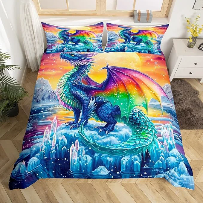 Eco-Friendly Feelyou Dragon Bedding Duvet Cover Set Queen Size 3D Dragon Theme Bedding Set Boys Decor Ancient Wildlife Dragon Deep Animal Scale Ice Comforter Cover Set Colorful Bedspread Cover No Comforter Innovative