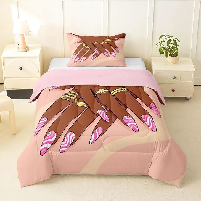 Organic Erosebridal Romantic Makeup Themed Comforter Set Toddler Size for Girls Fashion Girlish Quilt Black Girls Bedding Set for Kids Teens Adult Women Bedroom Afro Vogue Princess al Down Comforter Premium Material