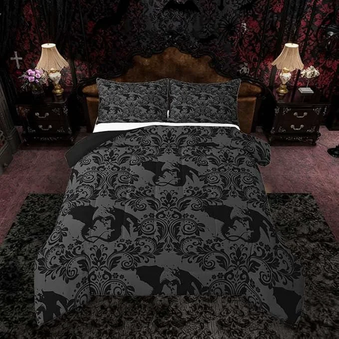 Reusable Feelyou Adults Gothic Kids Comforter Set Full Size Dark Olive Green Damask Bedding Set Dragon Duvet Quilt for Kids Boys Girls Bedroom Decor Microfiber Ultra Soft Breathable High-End