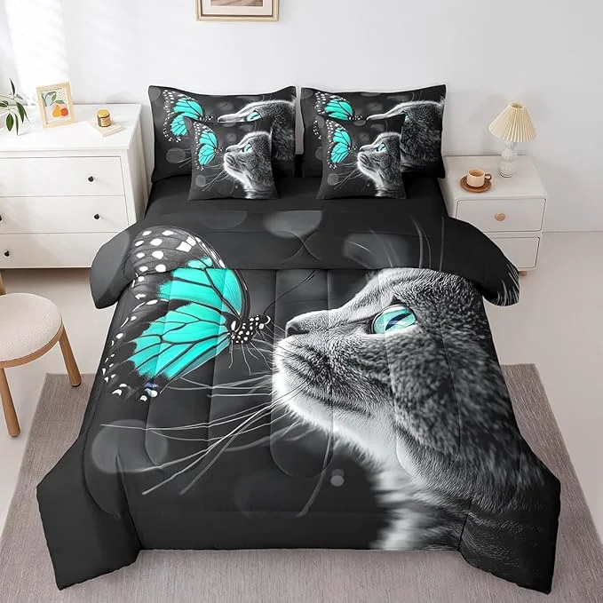 Flexible Feelyou Cute Cat Comforter Set 7 Pieces Queen Size Butterfly Bedding Set for Boys Girls Kawaii Pet Kitten Bed in a Bag with Comforter Sheets Pillowcases amp Cushion Covers Trendy