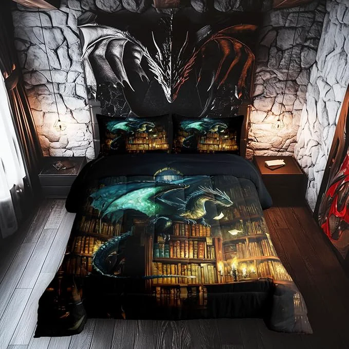 Crafted Mysterious al Theme 3 Pcs Comforter Duvet Set Castle Bookshelf Ultra Soft Bed Collection Dragon Bedding for Room Decor 3 Pcs Microfiber Breathable King Detailed