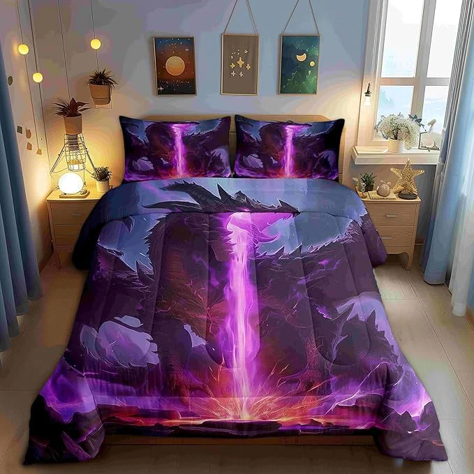 Original Design Castle Fairy Dragon 3 Pcs King Size Comforter Set Mysterious Western Animals Down Adults Bedroom Decor Purple Lightning Flame Ultra Soft Microfiber Inner Fill 3Pcs Bedding Certified