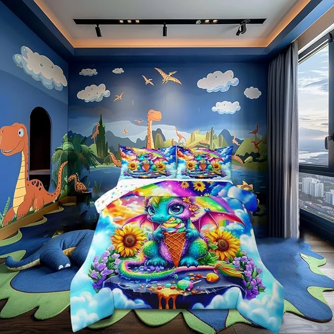 High-End Ice Cream Dessert Colorful Sky Comforter Set with 2 Pillowcases Watercolor Sunflower Flowers Super Soft Microfiber Bedding Set for Adults Teens Cartoon Dragon Duvet Set for Room Decor King Proven