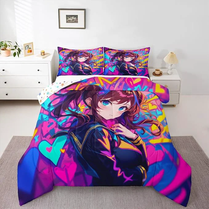 Expertly Made Erosebridal Anime Girl Toddler Comforter Set Japanese Anime Bedding Set for Kids Girls Teens Adult Bedroom Cartoon Girl Bedding Comforter Sets Kawaii Japanese Animation Quilt 2 Piece Purple Contemporary