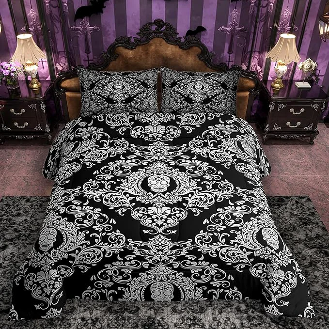 Smart Feelyou Adults White Vintage Damask Floral Comforter Set Oriental Antique Comforter Queen Size Gothic Bohemia Boho Bedding Set Exotic Sugar Skull Duvet Set Quilt Set 3Pcs Enhanced