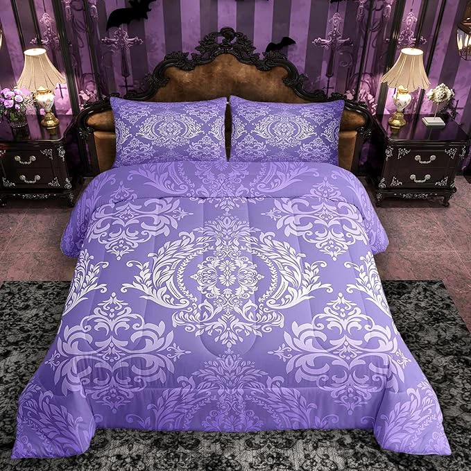 Fashionable Feelyou Adults Purple Vintage Damask Floral Comforter Set Oriental Antique Comforter Full Size Gothic Bohemia Boho Flower Bedding Set Bohemian Exotic Duvet Set Quilt Set 3Pcs Detailed