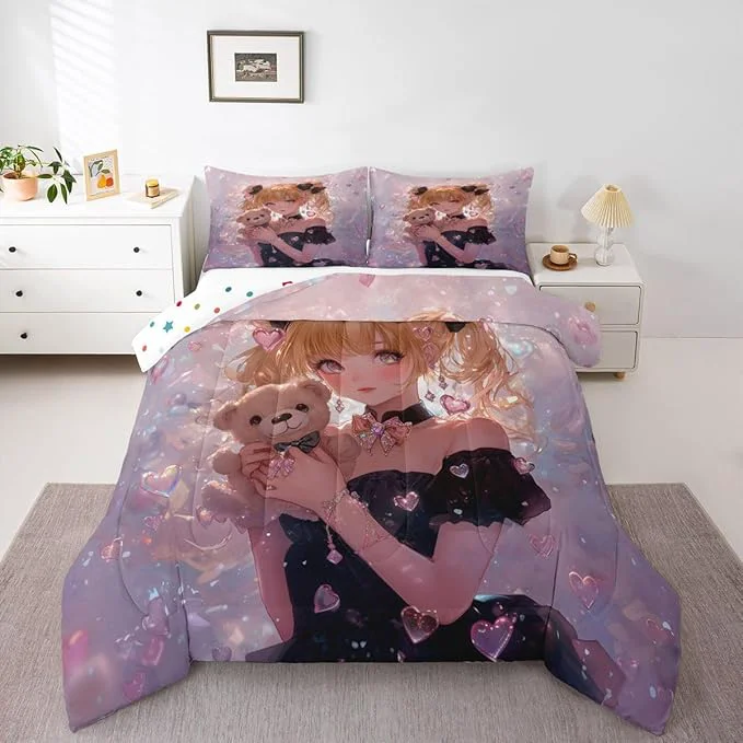 Next-Generation Erosebridal Bow Girls King Down Comforter Pink Kawaii Cartoon Anime Kids Comforter Set with 2 Pillow Cases Romantic Aesthetic Princess Bedding Set Japanese Style Girl Bed Set Expertly Made