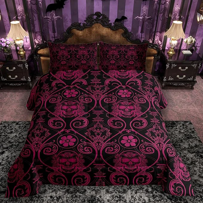 Unique Feelyou Adults Pink Vintage Damask Floral Comforter Set Oriental Antique Comforter King Size Exotic Sugar Skull Rose Bedding Set Gothic Bohemia Boho Duvet Set Quilt Set 3Pcs Practical