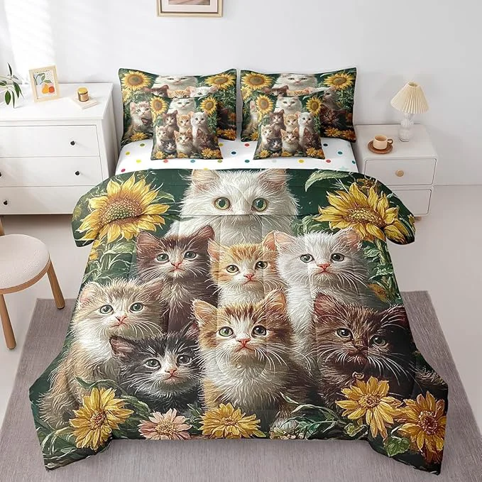 Professional Feelyou Cute Cat Comforter Set 7 Pieces King Size Sunflower Bedding Set for Boys Girls Kawaii Pet Kitten Bed in a Bag with Comforter Sheets Pillowcases amp Cushion Covers Original