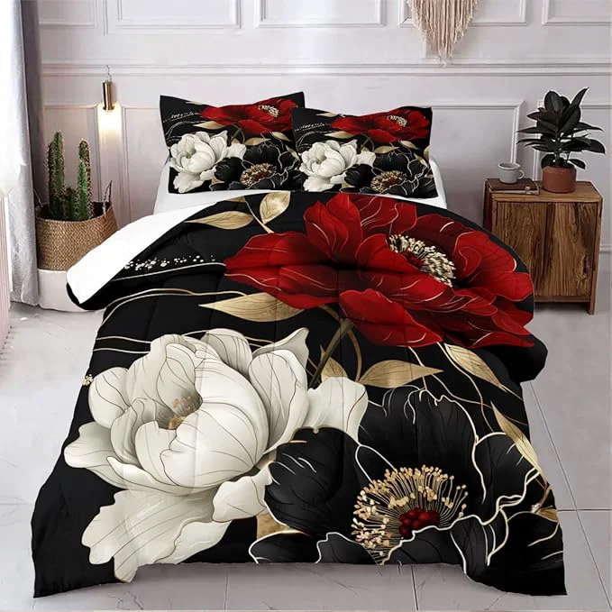 Dependable Vintage Floral Comforter Set King Size Red Black White Botanical Flower Bedding Set 3 Piece Gold Leaf Bedding for Women Elegant Flowers Comforters Soft Down Comforter Sets Fashionable