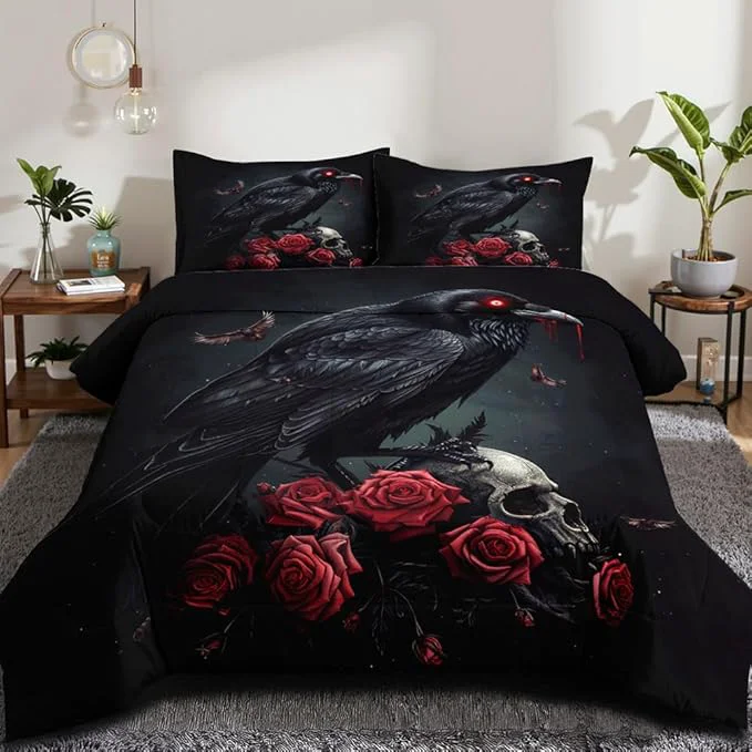 Recyclable Black Crow Red Rose Skull Comforter Set Queen Size Halloween Gothic Roses Skeleton Bedding Set Holiday Decoration Bedding Black Floral Bird Down Comforters Soft Microfiber Comforter Sets Genuine