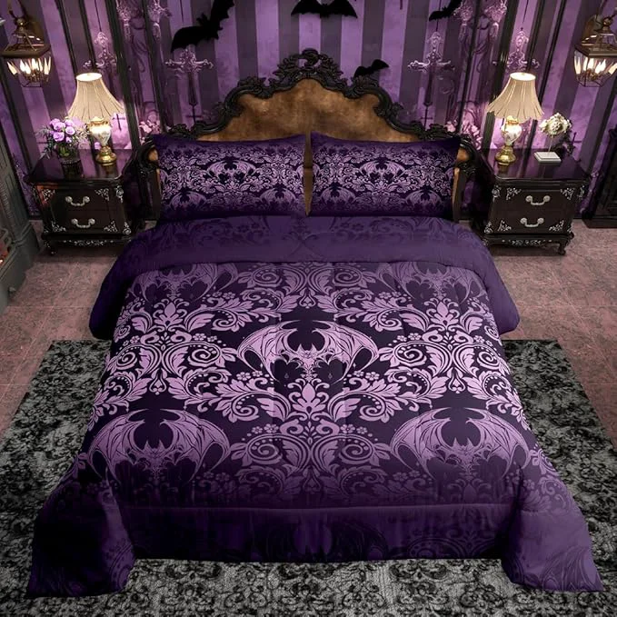 Innovative Feelyou Gothic Damask Print Comforter Set Full Size Purple Goth Bat Victorian Floral Bedding Set for KidsBoho Bohemian Exotic Duvet Quilt Bedroom Decor Microfiber 3 Pcs with 2 Pillow Cases Natural