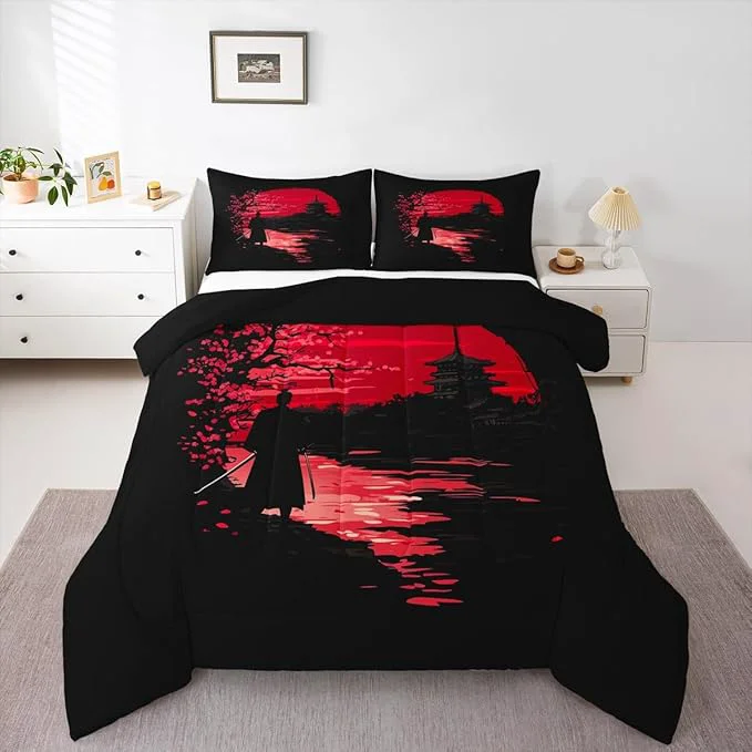 Solid Erosebridal Samurai Comforter Set Sunset Bedding Set Japanese Samurai Warm Soft Down Comforter Scenery Silhouette Bedroom Decor 3Pcs Duvet Set for Men Boys Teens Full Size Eco-Friendly