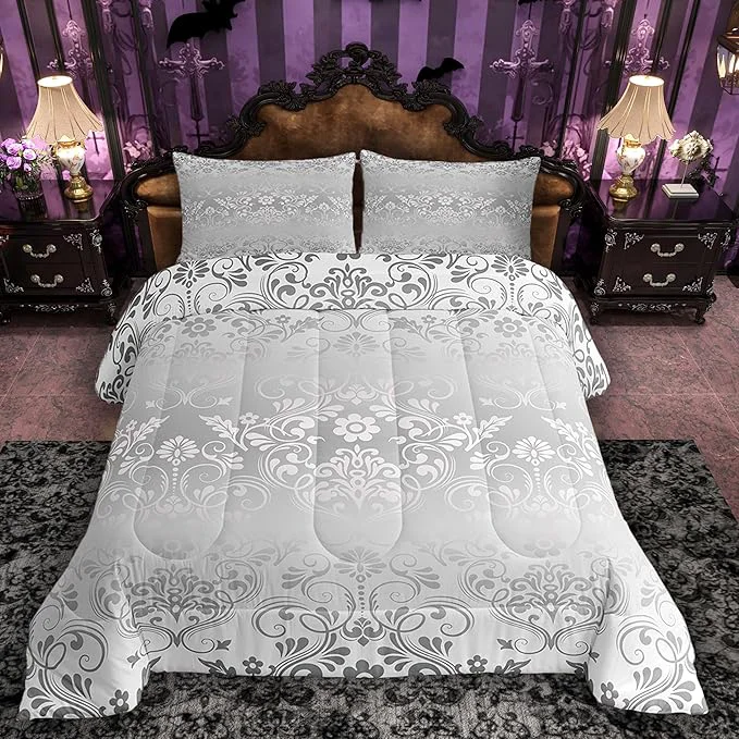 Easy-to-Use Feelyou Adults Silver Vintage Damask Floral Comforter Set Oriental Antique Comforter Twin Size Gothic Bohemia Boho Flower Bedding Set Bohemian Exotic Duvet Set Quilt Set 2Pcs Fashionable