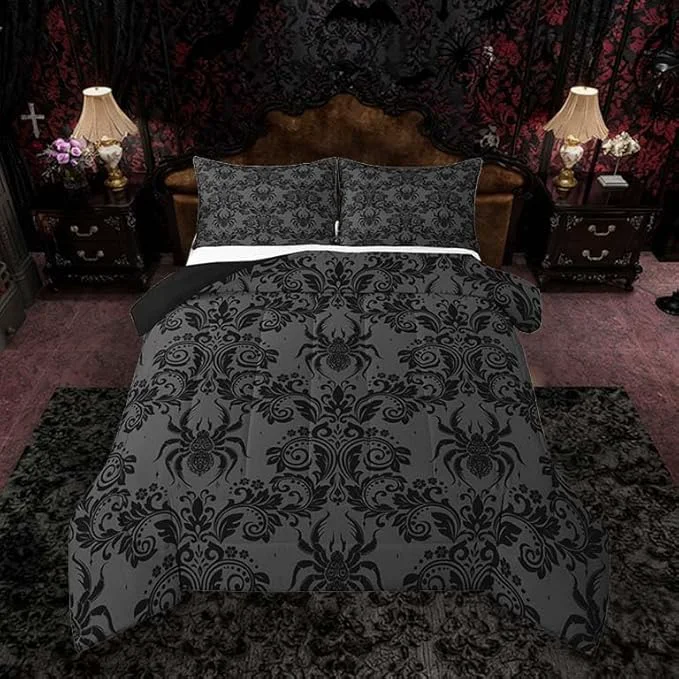 Certified Feelyou Adults Gothic Comforter Set Toddler Size Dark Olive Green Damask Bedding Set for Kids Boys Girls Spider Duvet Quilt Bedroom Decor Microfiber 2 Pcs with 1 Pillow Cases Powerful