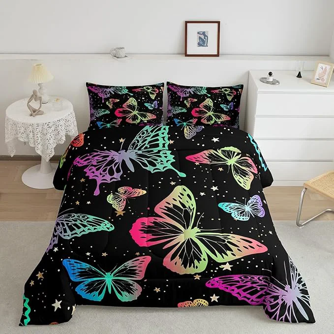 Modern Erosebridal Butterfly Comforter Set King Starry Sky Galaxy Colorful Ombre Butterflies Bedding Sets for Kids Girls Teens Women Cartoon Bedding Comforters amp Sets Room Decor with 2 Pillow Cases Detailed