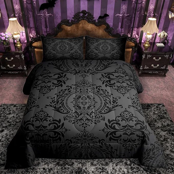 Luxury Feelyou Adults Black Vintage Damask Floral Comforter Set Oriental Antique Comforter King Size Gothic Bohemia Boho Floral Bedding Set Bohemian Exotic Duvet Set Quilt Set 3Pcs World-Class