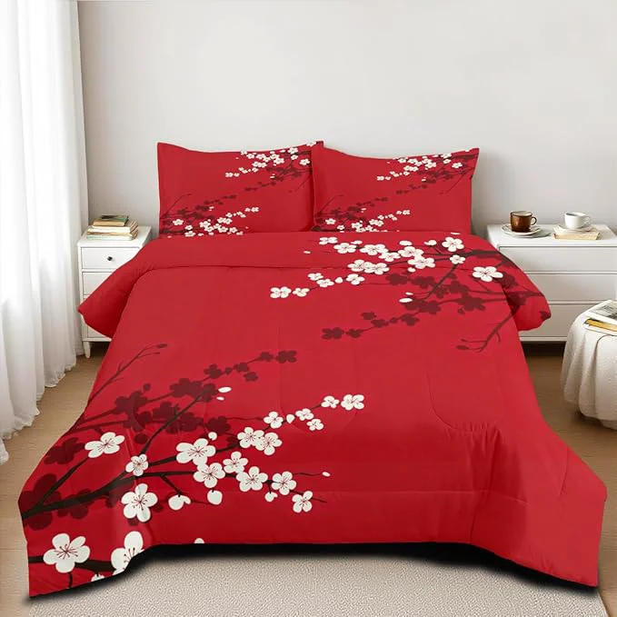 Flexible Red Oriental Comforter Set King Size Japanese Style Cherry Blossom Bedding Set for Girls Kids Teens 3 Pieces Asian Vintage Floral Bedding Soft Lightweight Comforter with 2 Pillowcases Artisan