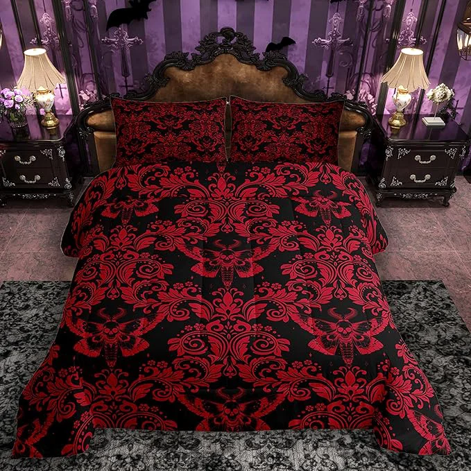 World-Class Feelyou Adults Red Vintage Damask Floral Comforter Set Oriental Antique Comforter Twin Size Gothic Bohemia Boho Flower Bedding Set Gothic Skull Duvet Set Quilt Set 2Pcs Fine